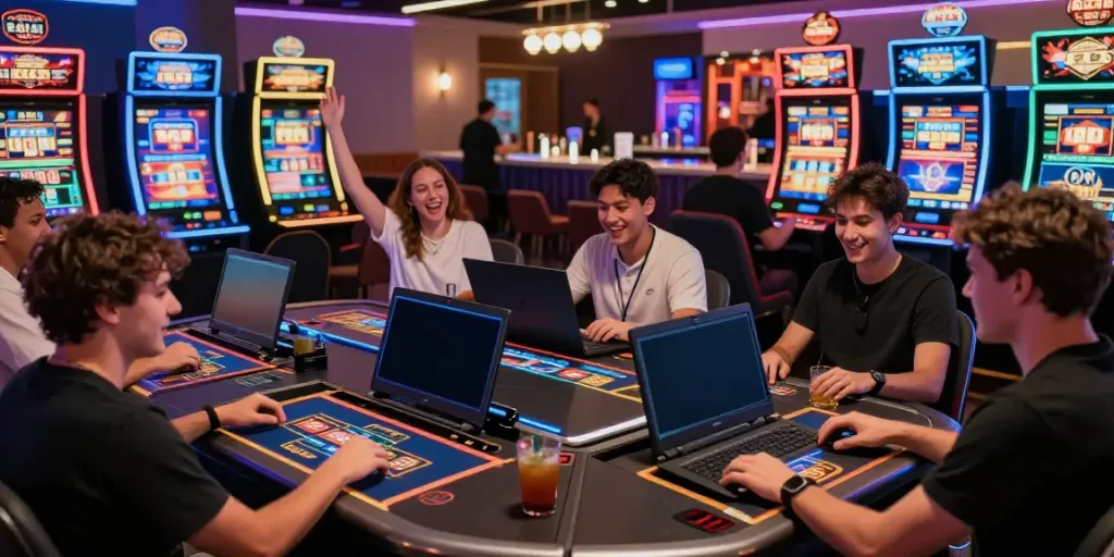 Players engaging at mastercard casinos in a lively 2026 online gaming environment.