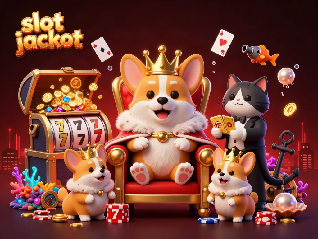 Experience an exciting slot jackpot scene with corgi royalty surrounded by dynamic gaming elements and treasures.