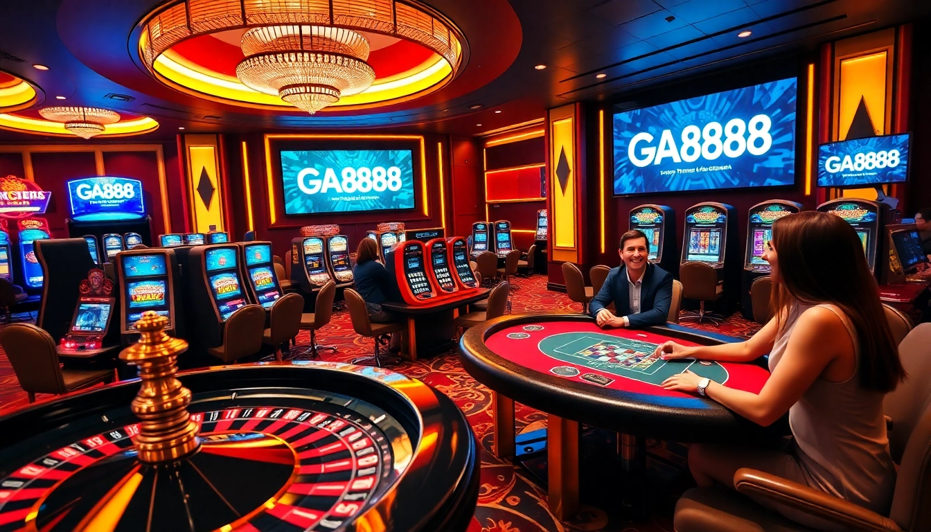 Engage with GA888 at a vibrant casino scene showcasing roulette and slot machines.