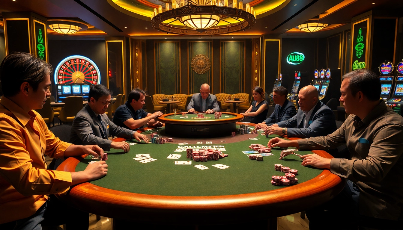 Players enjoy high-stakes poker at an AU88 casino table, showcasing vibrant chips and cards.