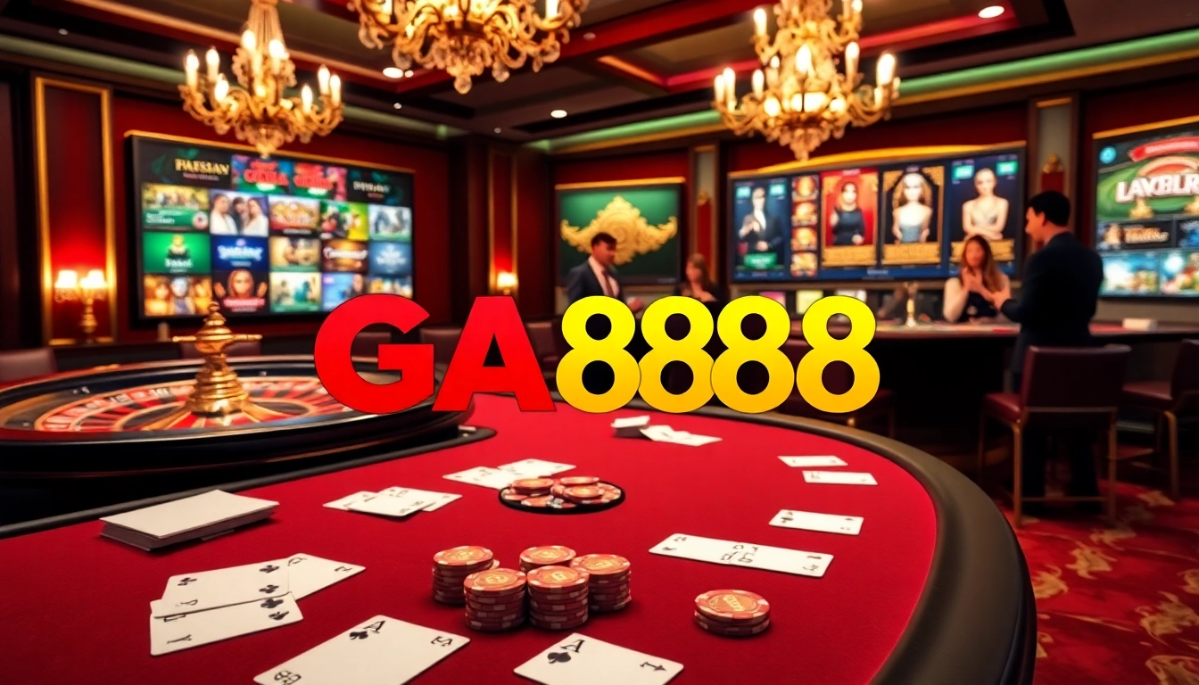GA888 poker players enjoy an exciting game at a luxurious casino table with vibrant chips.