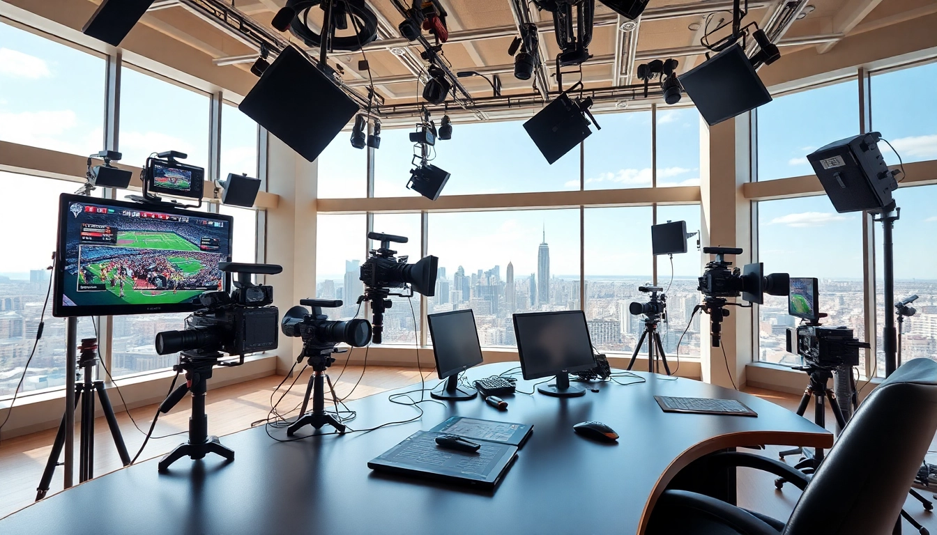 Dynamic sports broadcasting studio showcasing advanced equipment and vibrant atmosphere.