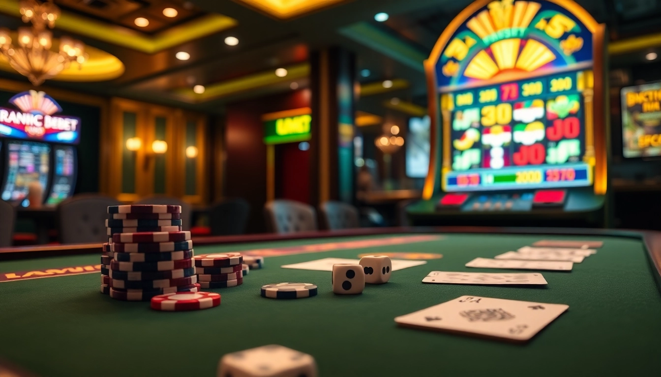 Experience the thrill of gaming at Trang chủ Debet with a luxurious casino scene featuring poker chips and vibrant slot machines.