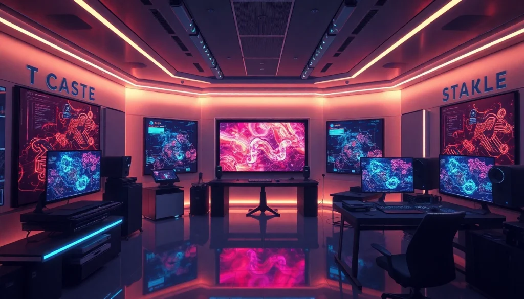AI porn creation studio with modern technology and ambient lighting.