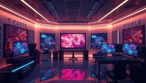 AI porn creation studio with modern technology and ambient lighting.