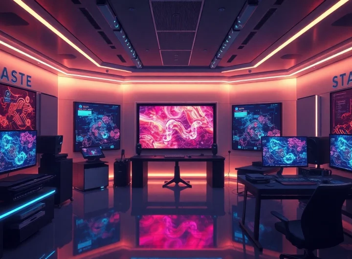 AI porn creation studio with modern technology and ambient lighting.