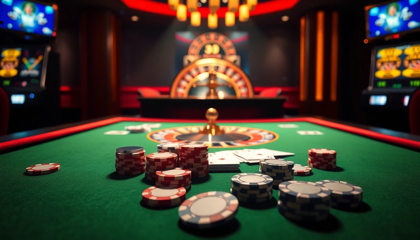 Experience the excitement of high-stakes gambling at 33win.place with a vibrant casino scene featuring poker chips and a roulette wheel.