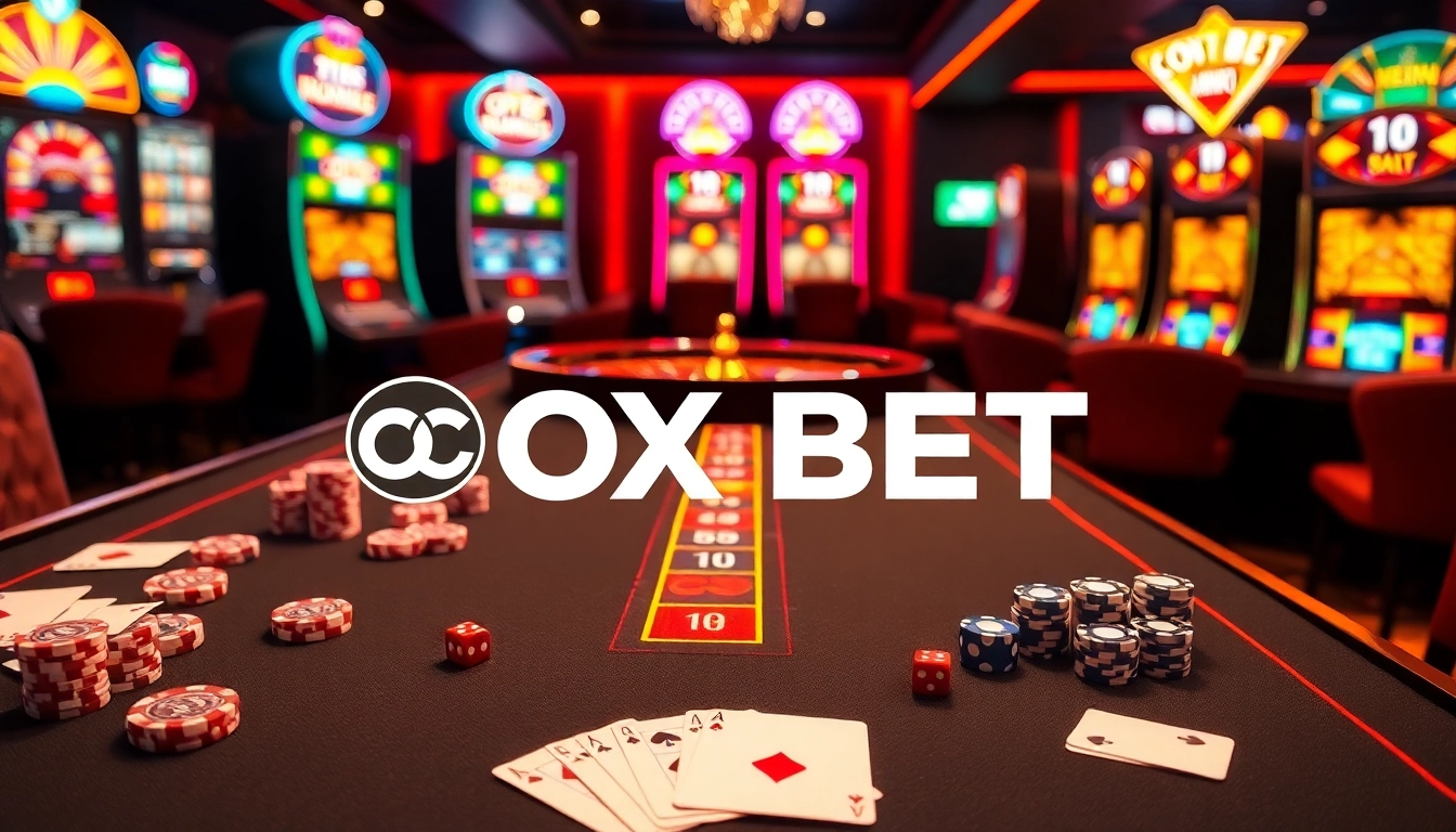 Experience the thrill of OX BET with poker chips and a roulette wheel in an elegant casino setting.