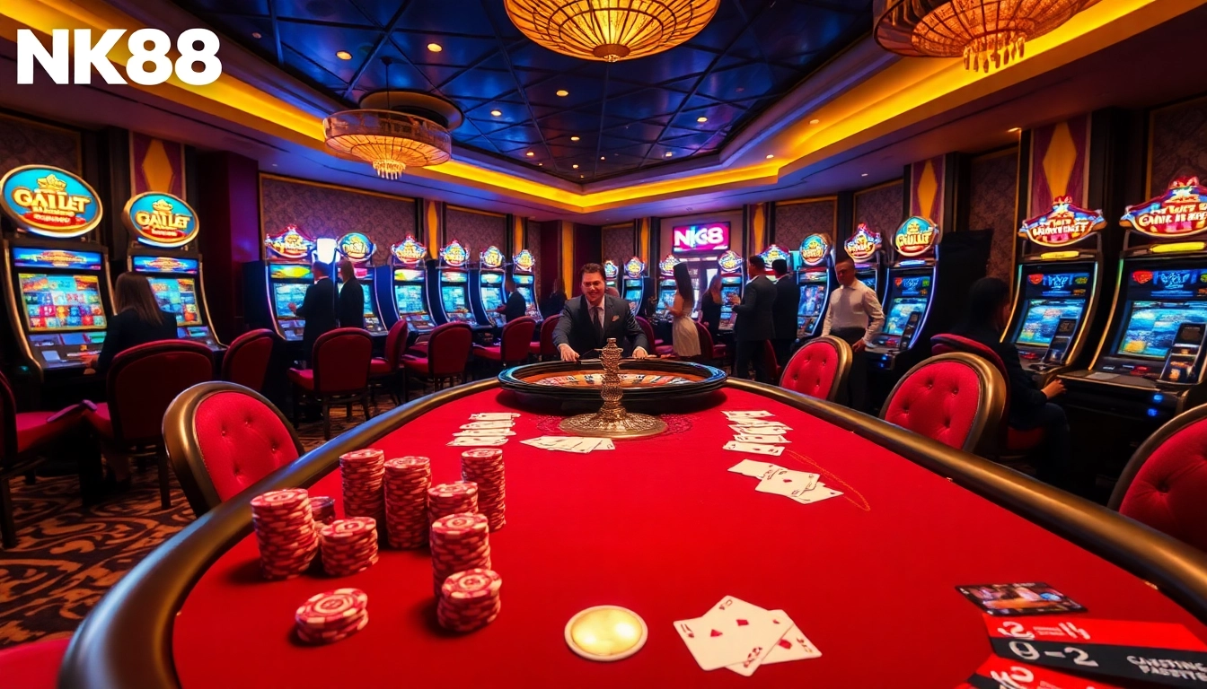 NK88 casino scene showcasing vibrant poker and roulette action with luxurious elements.