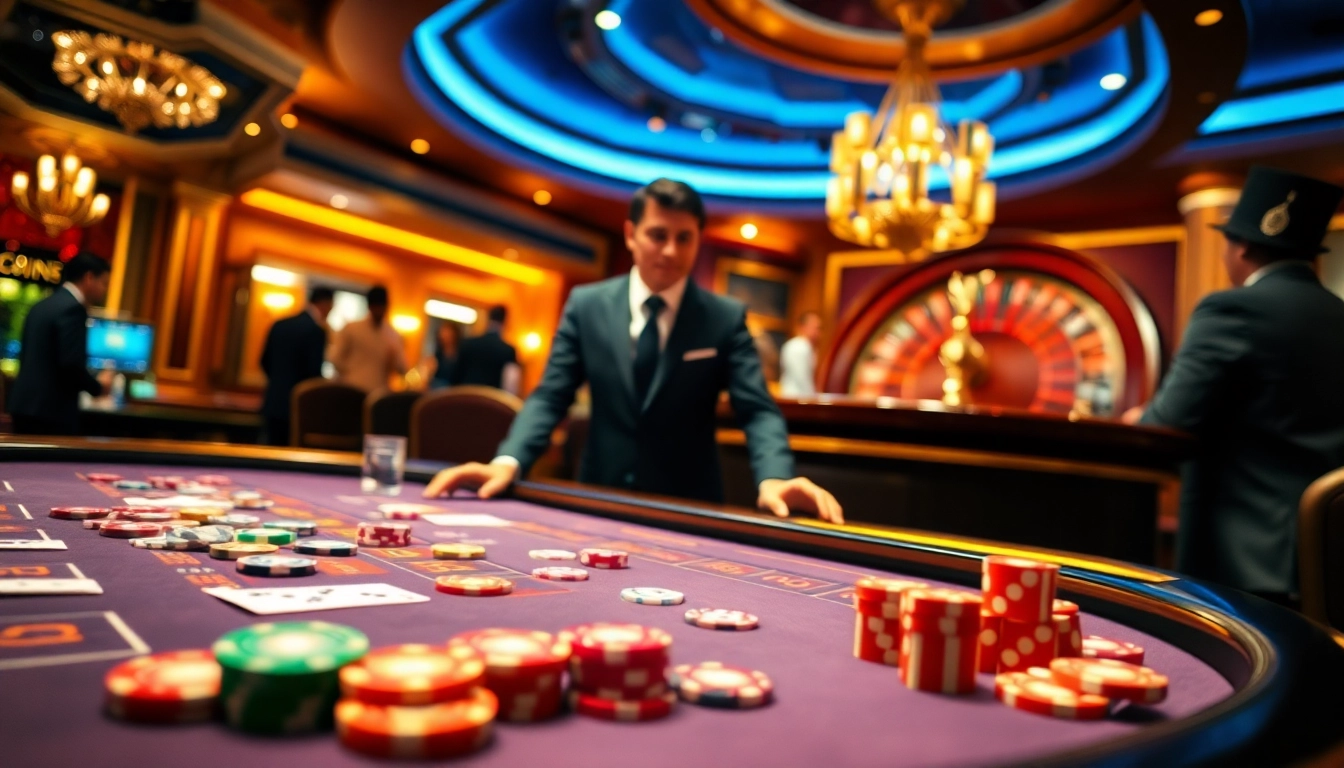 Experience the thrill of high-stakes gaming at VIN 88 with vibrant casino tables and excited players.