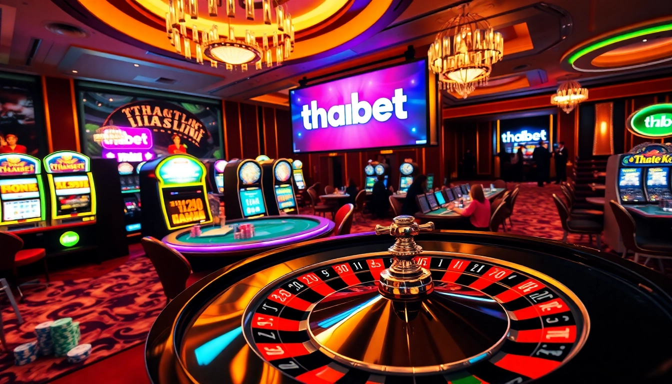 Players enjoying games at a casino featuring the thabet link prominently displayed on digital screens.