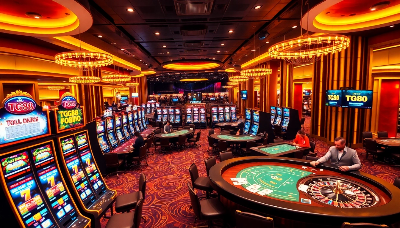 The thrilling atmosphere of https://tg88u.com/ showcasing vibrant slot machines and engaged players in a luxurious casino setting.