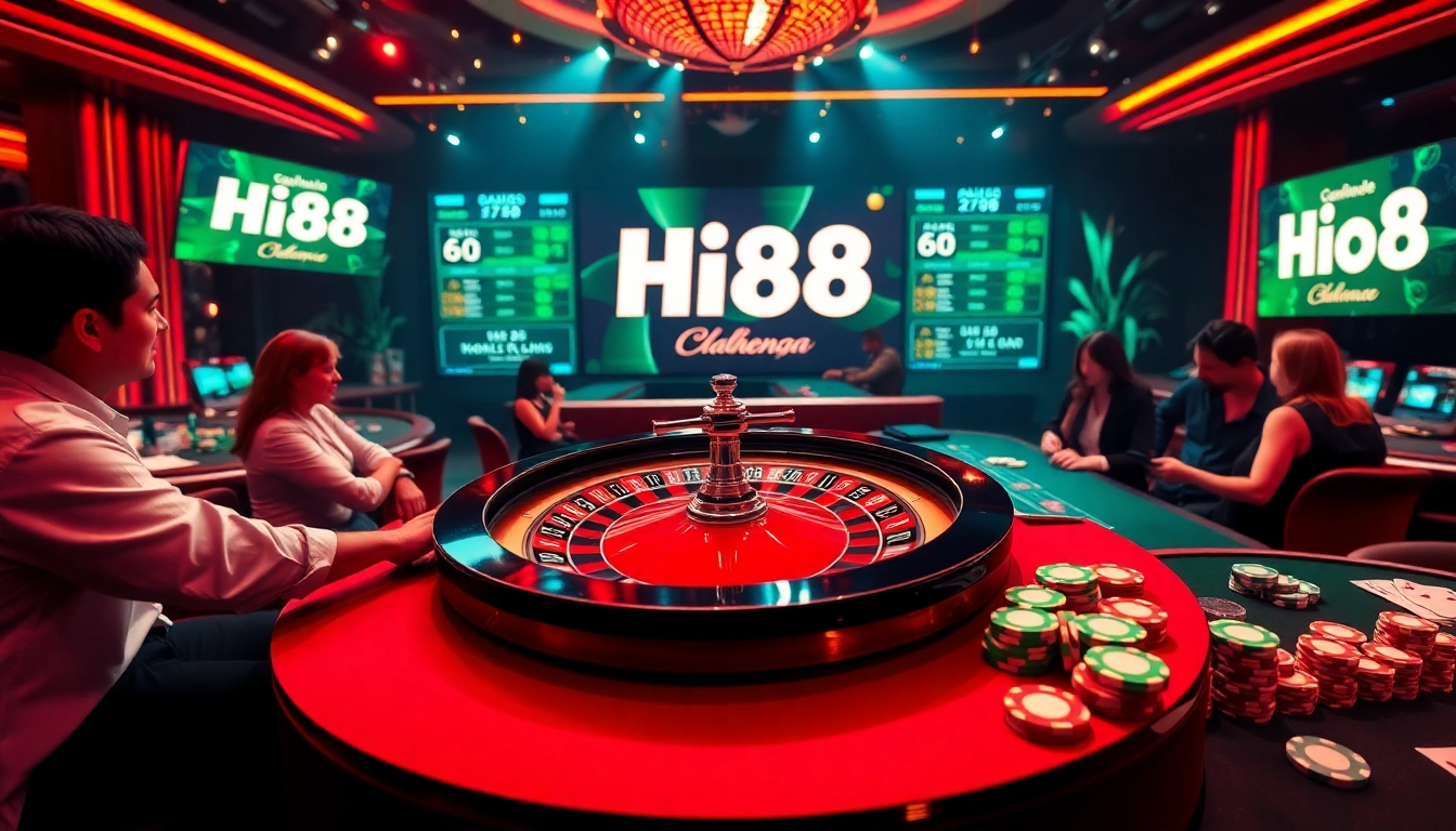 Exciting Hi88 casino view with roulette wheel, poker cards, and betting action.