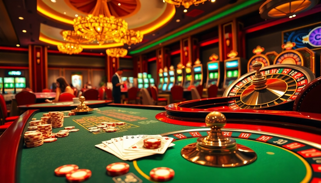 Experience excitement at CM88 COM's casino tables with vibrant poker chips and a roulette wheel.