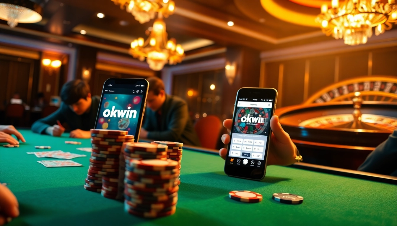 Players engaging in high-stakes poker at a luxurious casino, highlighting the excitement of okwin com.