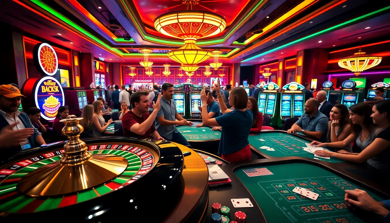 Spieler erleben spannende casinospiele an einem bunten Tisch mit Roulette und Karten.