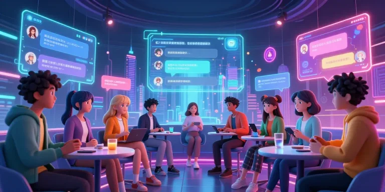 Engaging AI ecchi chat scene with diverse avatars and dynamic conversations, vibrant digital atmosphere.