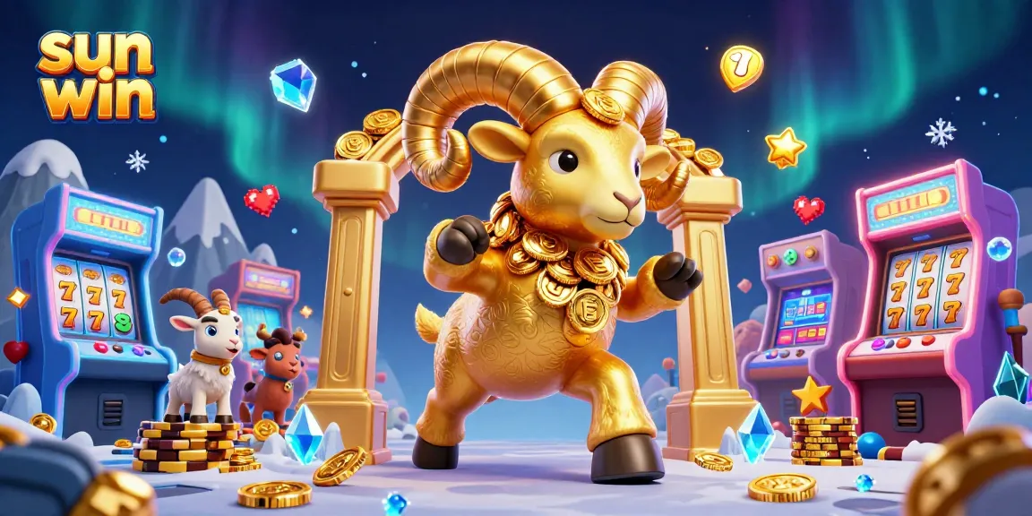 Engage in thrilling casino action with sun win's vibrant 3D illustration featuring golden ram and arcade games.