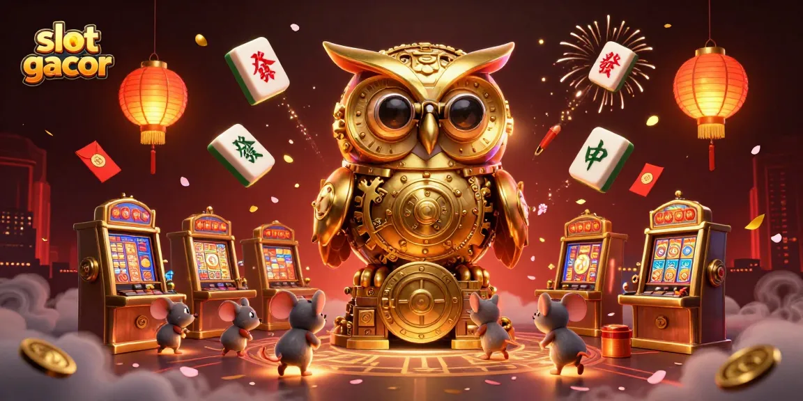 Experience the excitement of slot gacor with a vibrant casino scene featuring a golden owl and lively patrons.
