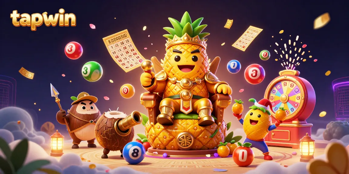 Engage with tapwin's vibrant beach casino scene featuring golden pineapple king, lottery balls, and a festive atmosphere.