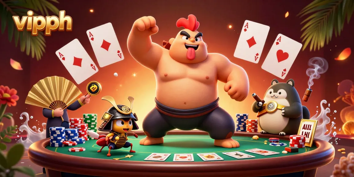 Engage in high-stakes poker adventures with vipph as a sumo wrestler rooster competes in a vibrant casino scene.