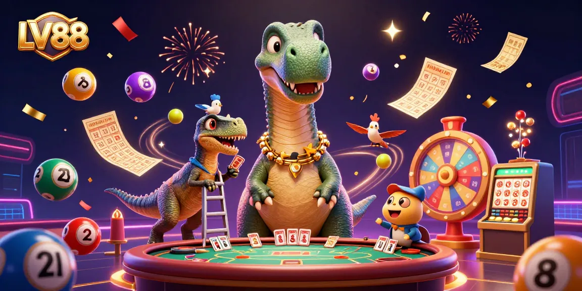 Join the fun at LV88 with a whimsical casino scene featuring animated dinosaurs and lottery elements.