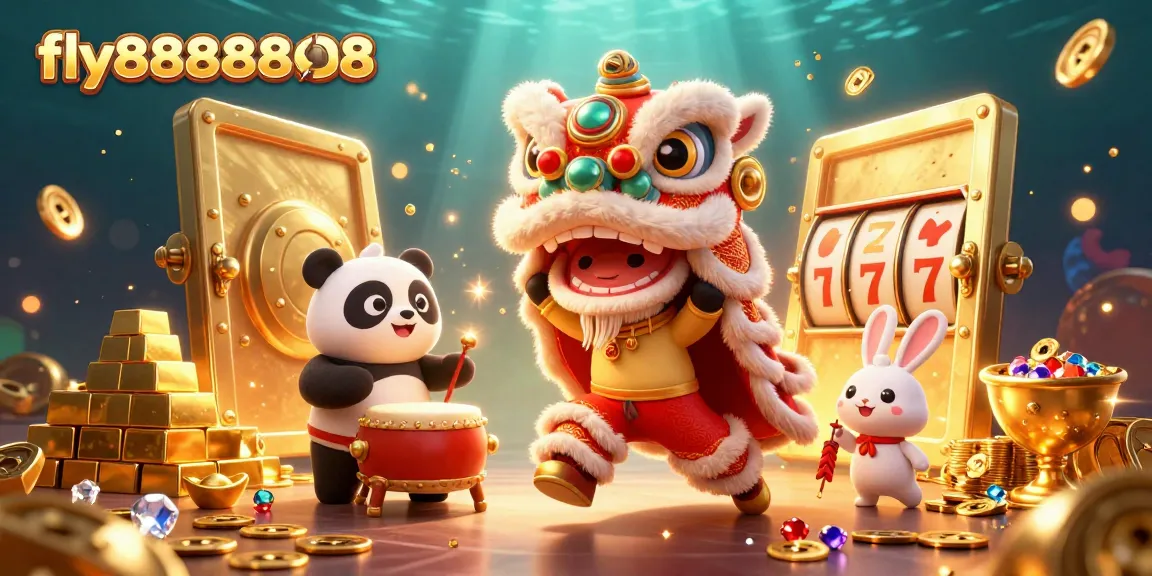 Enter the vibrant world of fly88888888, featuring a lion dance and dynamic gambling visuals.