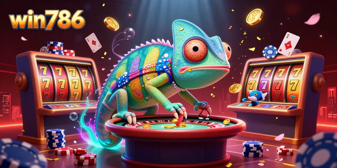 Experience thrilling wins at win786 with vibrant chameleon owner surrounded by dynamic gaming elements.