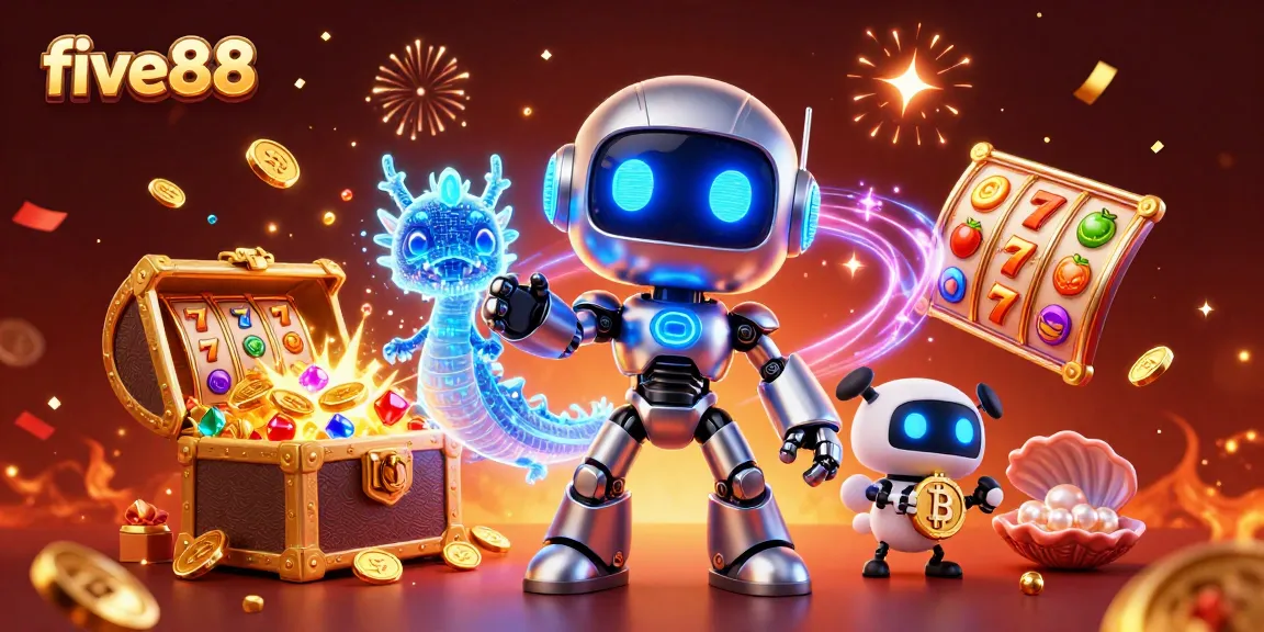 Spin and win at five88 with this vibrant digital illustration of slots, characters, and casino elements.