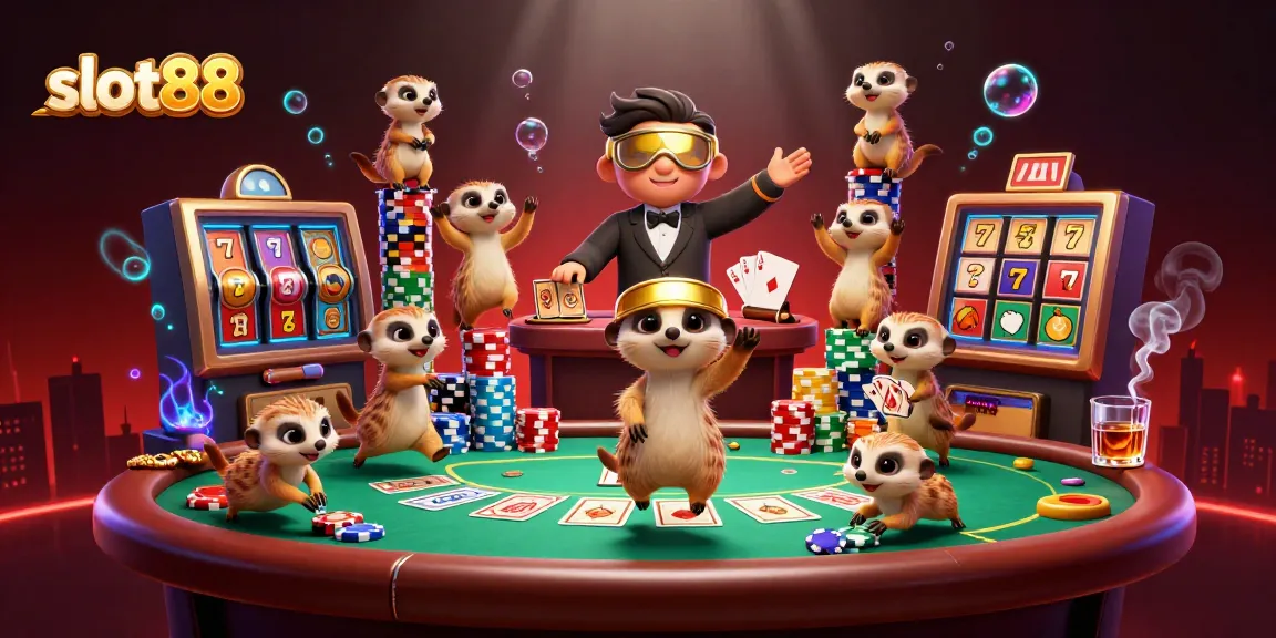 Experience the thrill of slot88 with this vibrant meerkat casino scene filled with colorful gaming elements.