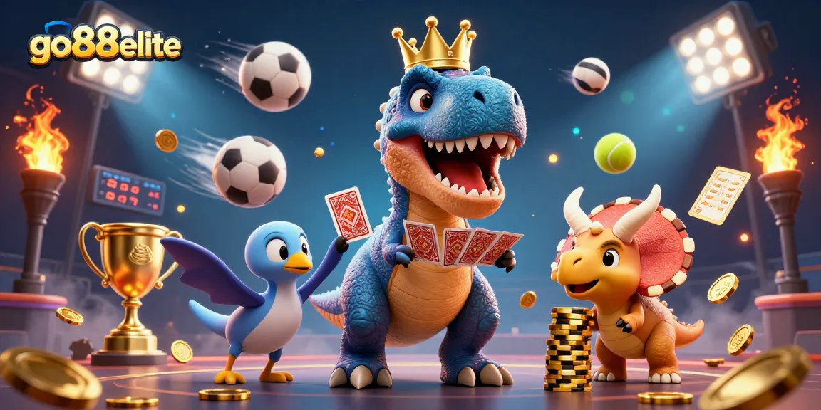 Go88elite features a lively scene with a T-Rex playing cards, a pterodactyl holding cards, and a triceratops stacking chips, all in a vibrant casino setting.