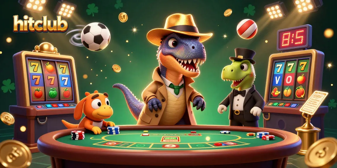 Hitclub casino features a velociraptor card counter in action, surrounded by vibrant gaming elements.