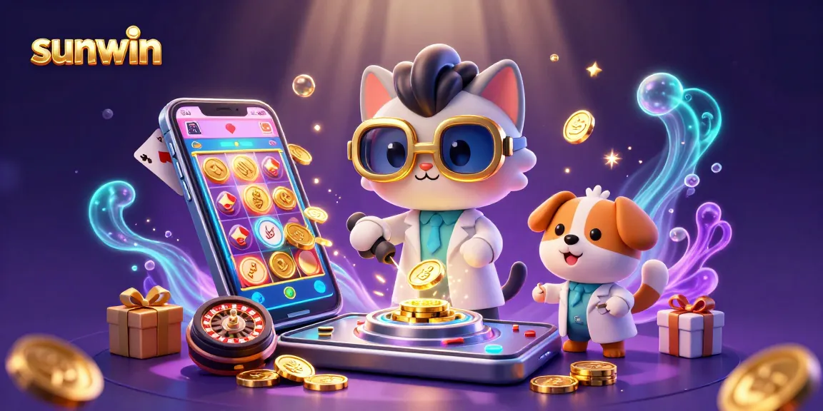 Experience sunwin's thrilling slots with a mad scientist cat and dog in an exciting 3D casino scene.