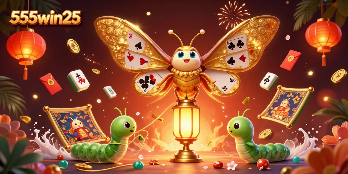 Experience thrilling wins at 555win25 with this vibrant gambling scene featuring a majestic moth and casino elements.