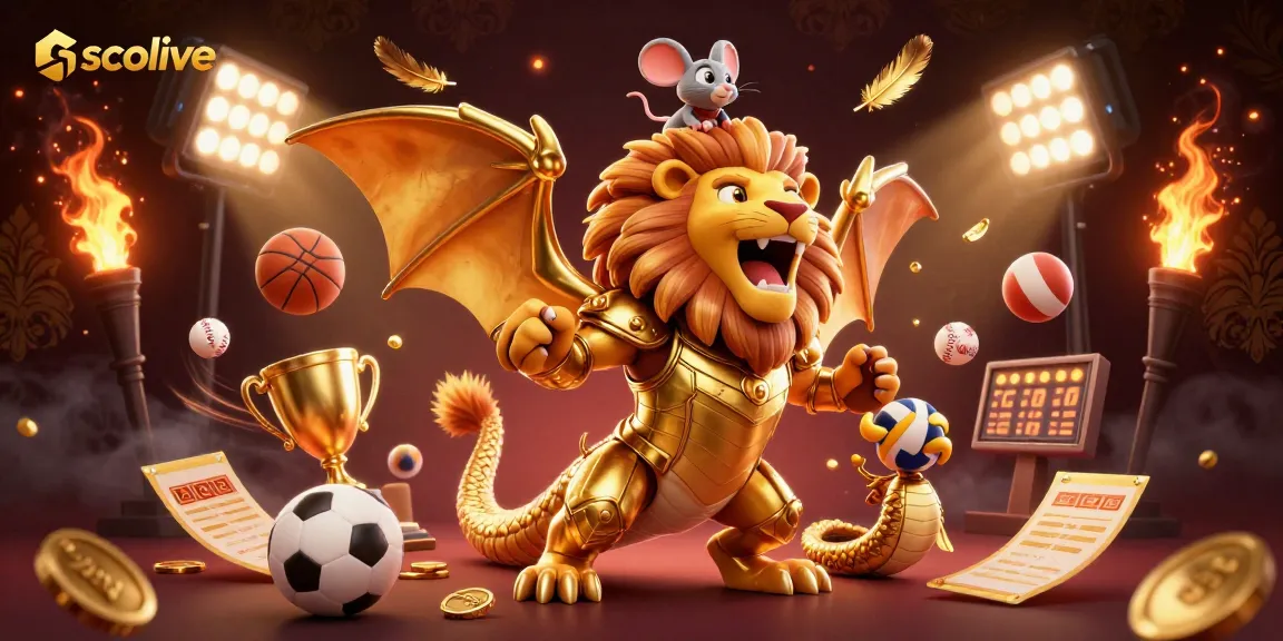 Socolive streaming sports with dynamic elements, featuring a roaring creature and mouse jockey.