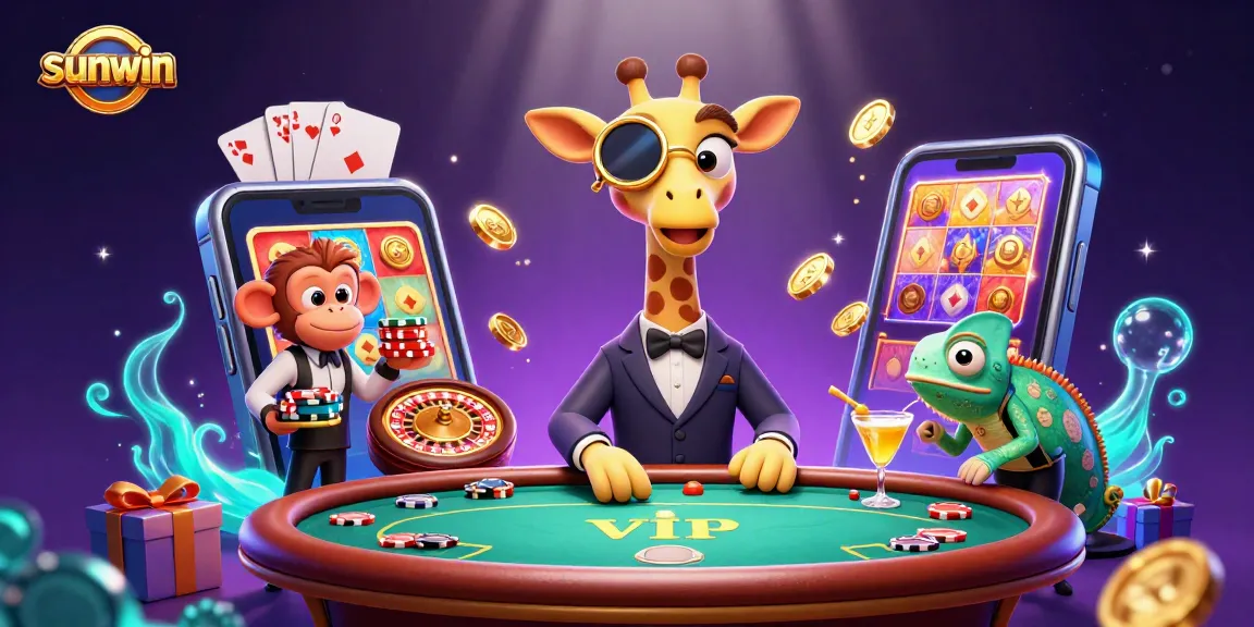 Join the sunwin excitement with a high-roller giraffe, monkey valet, and chameleon bartender in a vibrant casino