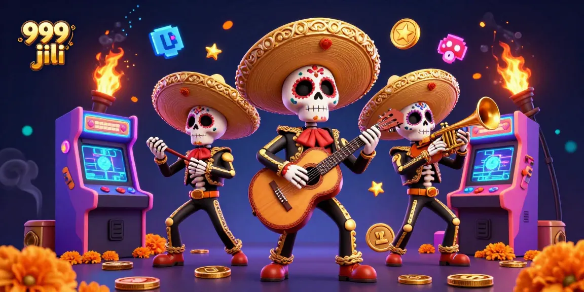 Engage with the vibrant 999 jili casino atmosphere, featuring a Day of the Dead mariachi band surrounded by arcade game elements.