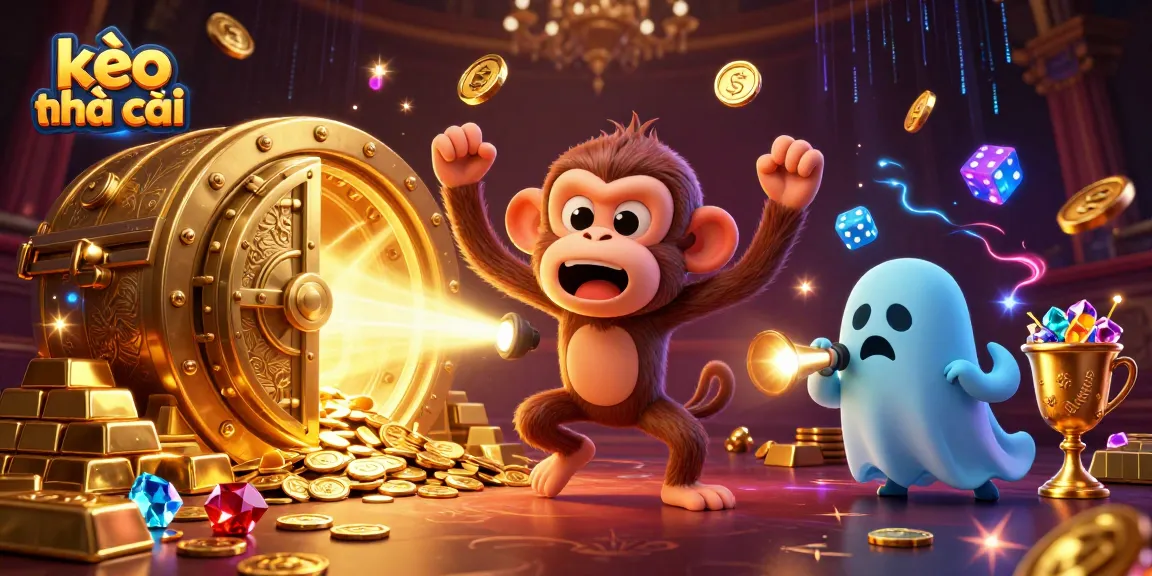 Engage with kèo nhà cái in a vibrant casino scene featuring a playful poltergeist monkey and a curious puppy.