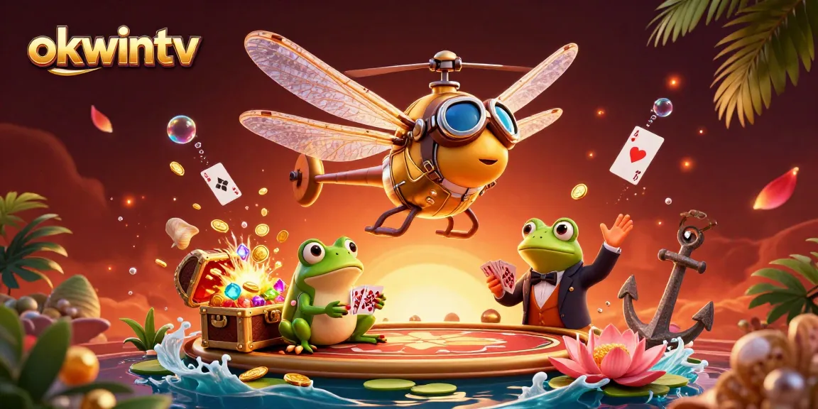 Experience seamless betting with okwintv, where a frog croupier deals cards amidst a vibrant casino scene.