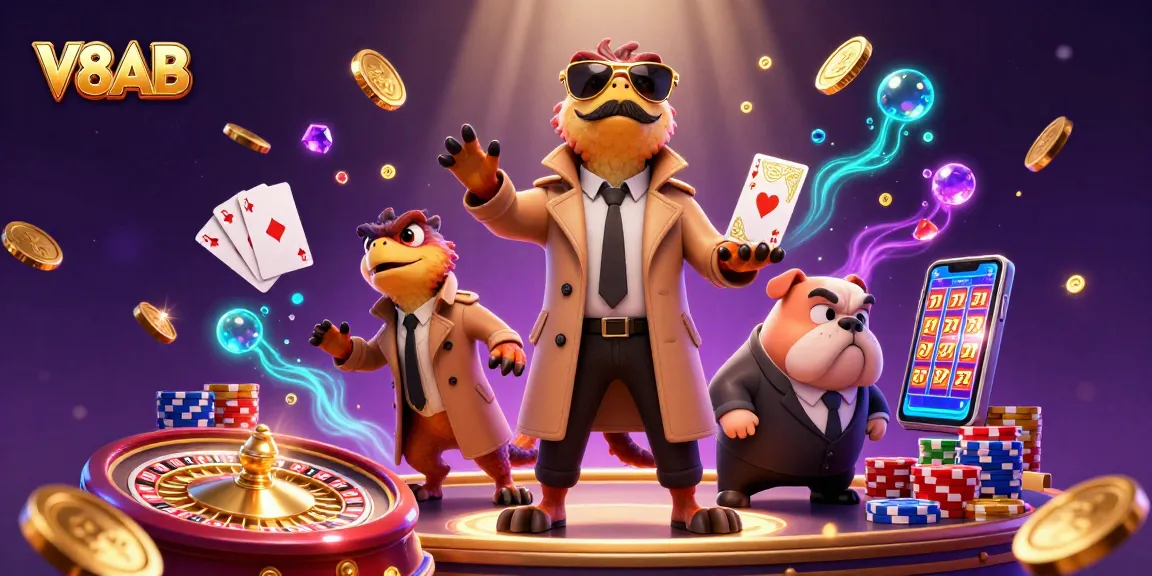 V8AB players enjoy a vibrant casino scene with raptors in a trench coat and golden coins.