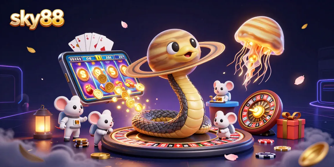 Engage in the thrilling action of sky88 with a vibrant, cartoonish casino scene featuring dynamic game elements.