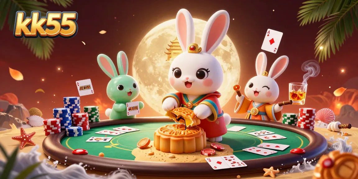 Experience thrilling poker action at kk55 with a moon rabbit pounding mooncakes revealing poker chips.