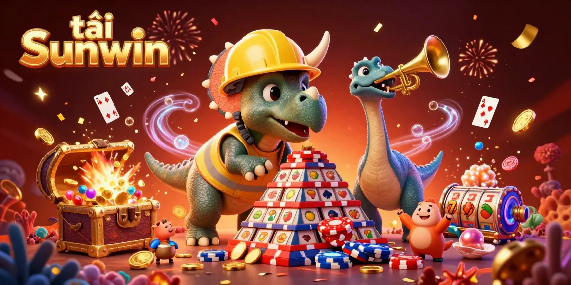 Experience the thrill of tải Sunwin as a triceratops builds poker chip pyramids amid casino excitement.