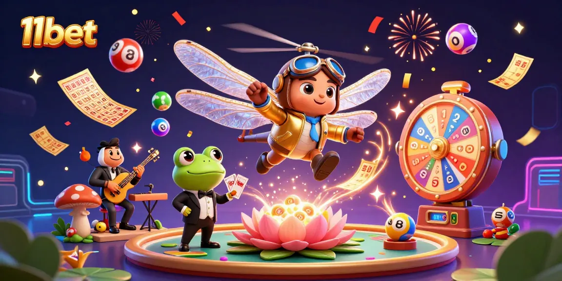 Engage with 11bet's vibrant casino scene featuring dynamic lottery elements and colorful characters.