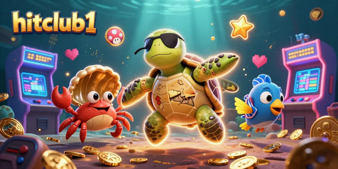 Experience gaming adventure with hitclub1 featuring a pirate turtle, crab, and parrotfish above treasures!