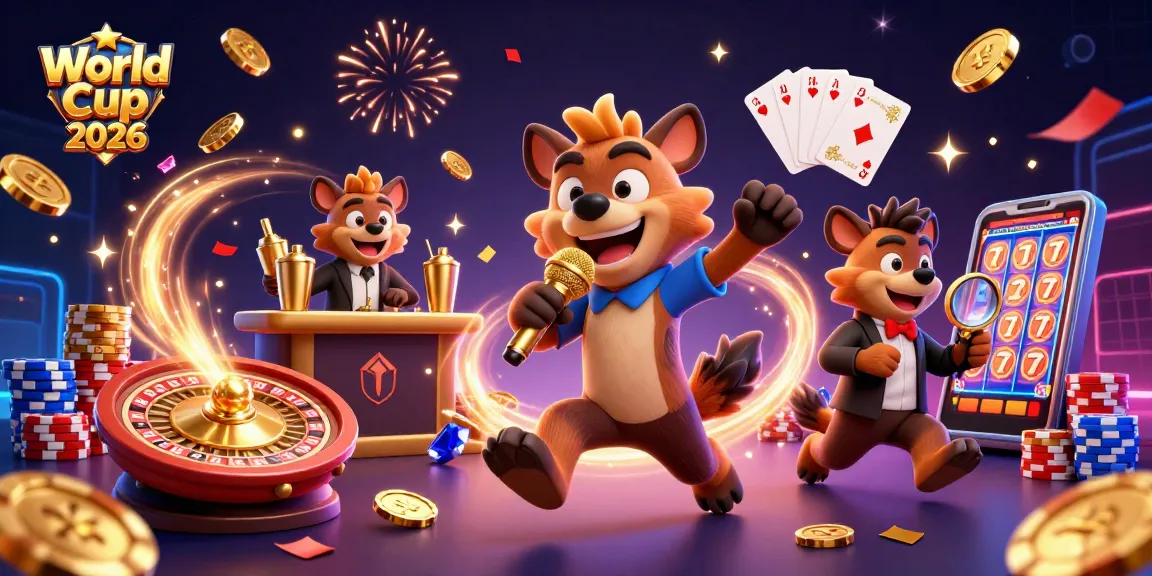 Experience the thrill of World Cup 2026 with a vibrant casino scene featuring hyenas, coins, and games.