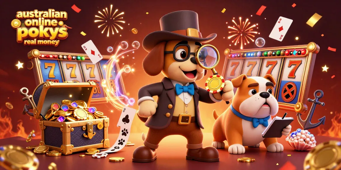 Experience australian online pokies real money with a detective bloodhound investigating treasure clues in a vibrant casino scene.