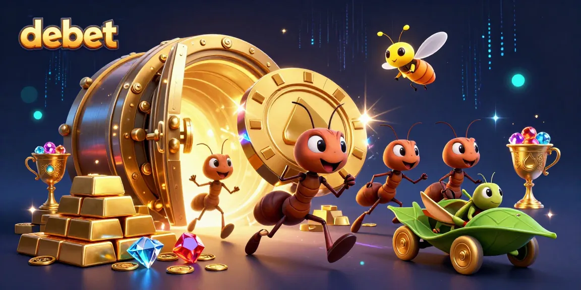 Engage with debet in a thrilling heist scene featuring ants, golden chips, and casino treasures.