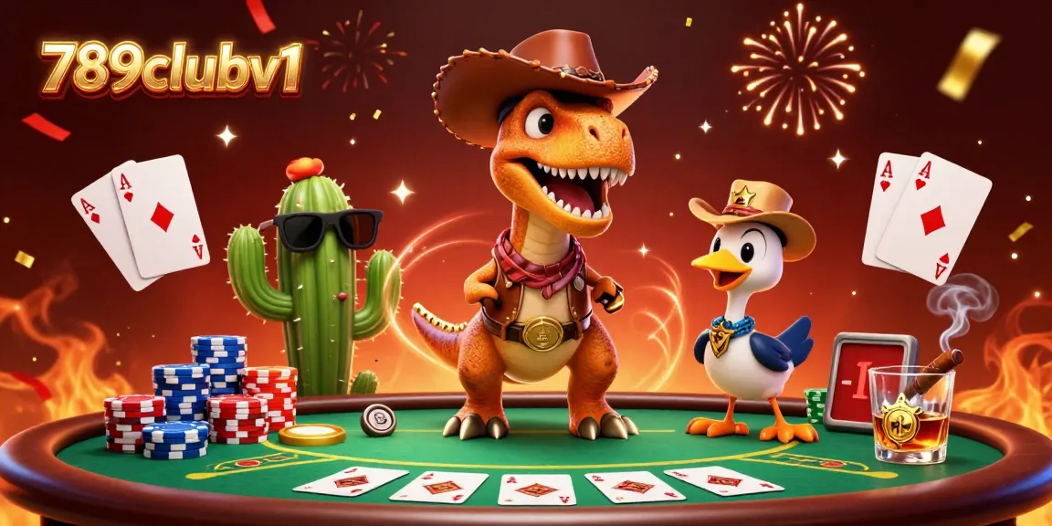 Engage with thrilling poker action at 789clubv1 featuring a T-Rex cowboy and playful characters.