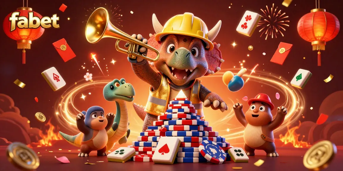 Celebrate winning moments with fabet's vibrant casino action scene filled with poker chips and cheerful characters.